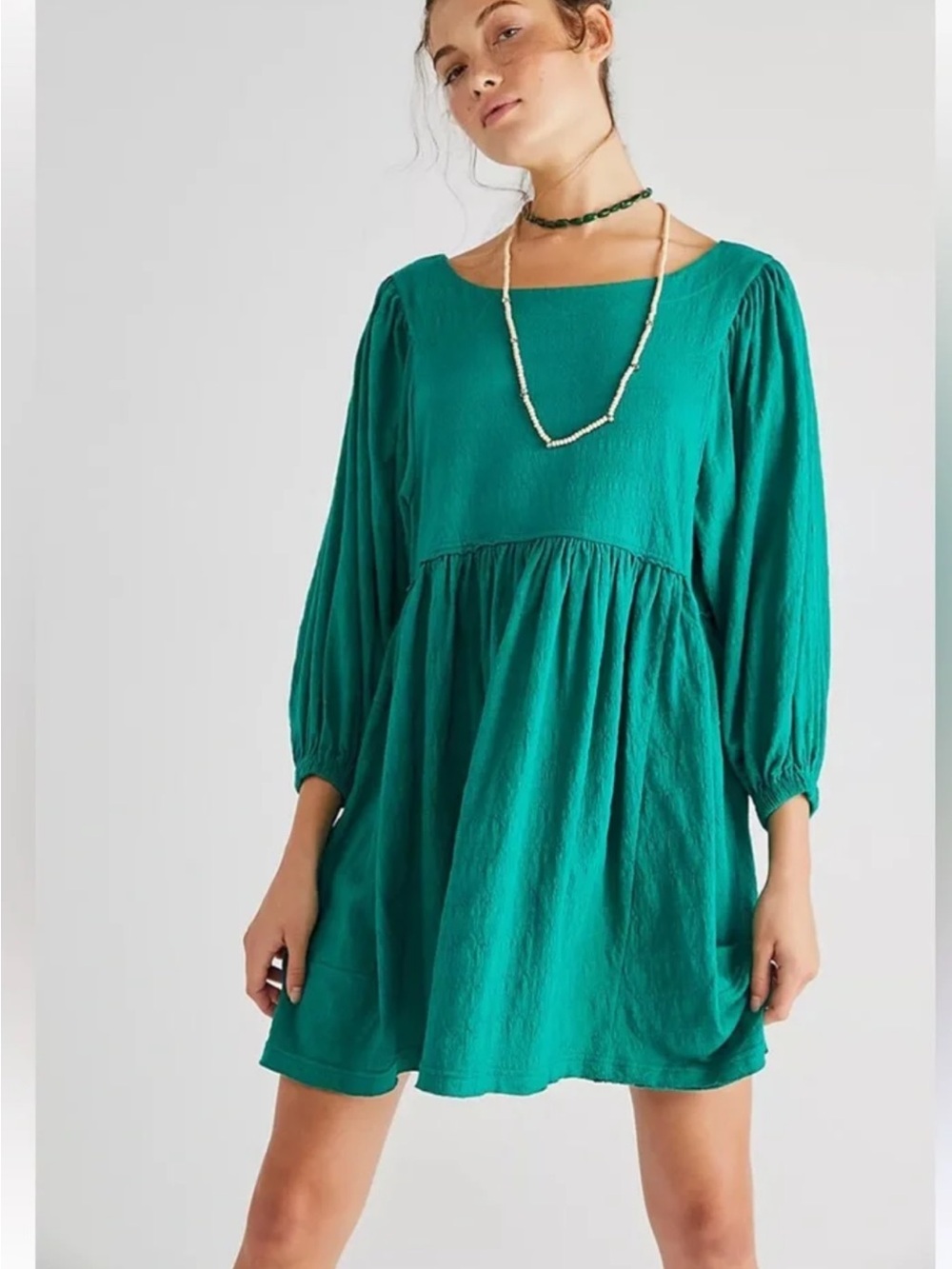 Free People Get Obsessed Babydoll Dress Puff Sleeve Emerald Green Boho Casual